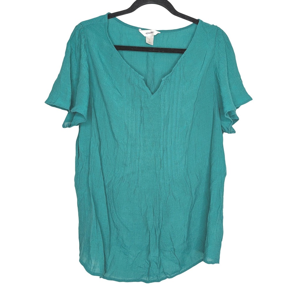 Cj Banks Teal Green Pintuck Crinkle Blouse Short Sleeve Notch Neck Top Womens X